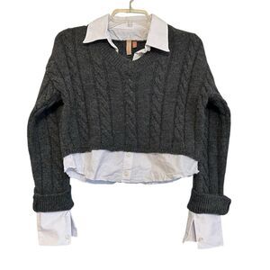 Pilcro Grey Cable Knit Sweater White Collar Top XXS‎ Preppy School Academia
